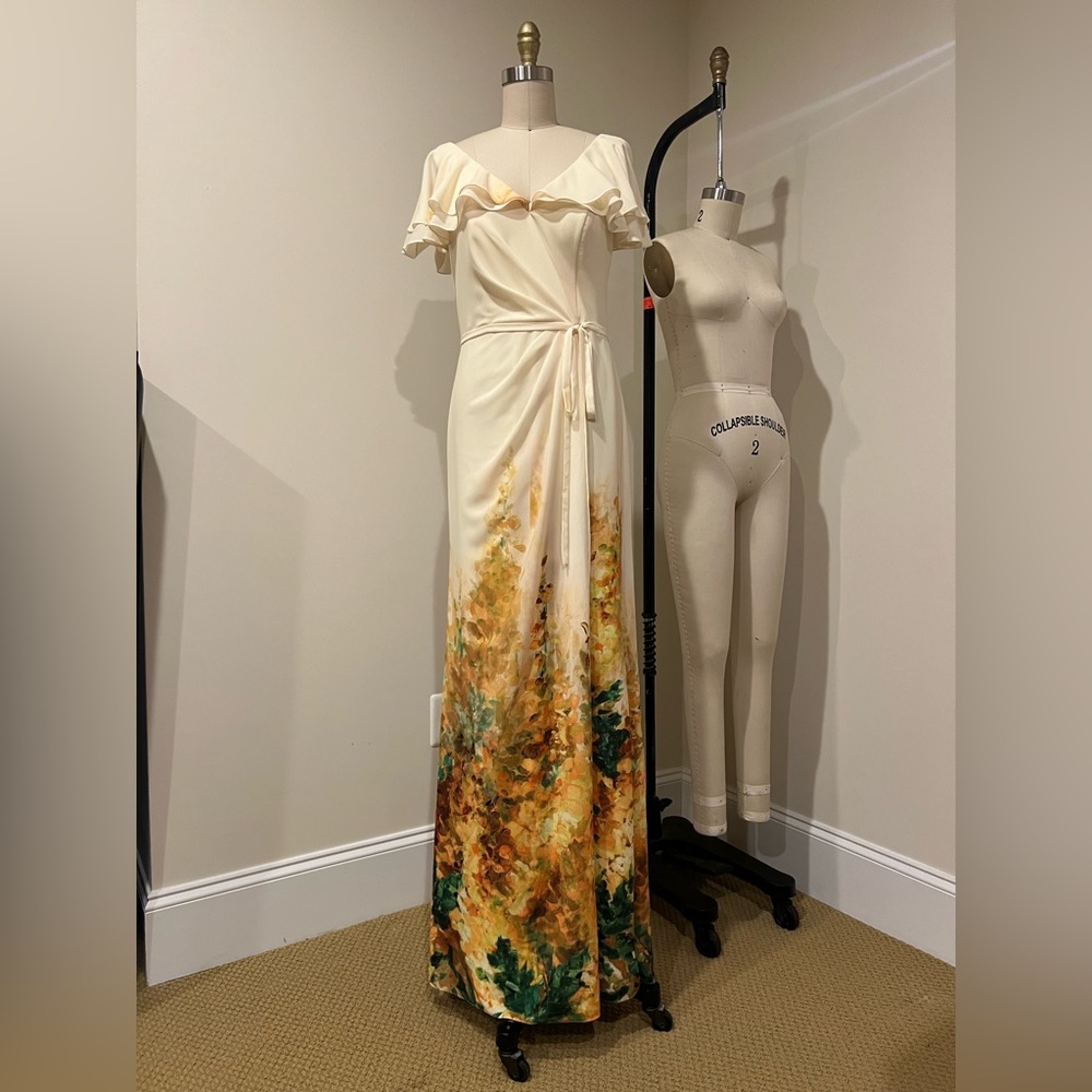 Marchesa Notte gradient floral maxi wrap dress with flutter sleeves (size 6)